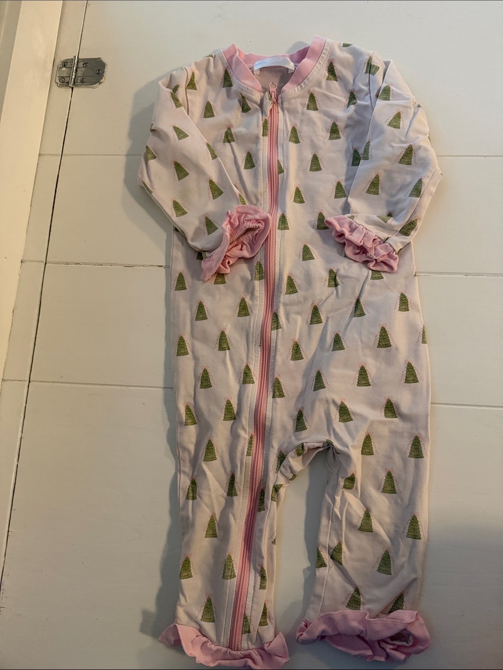 Pink Ruffle Zip Footed One-Piece with Green Tree Print